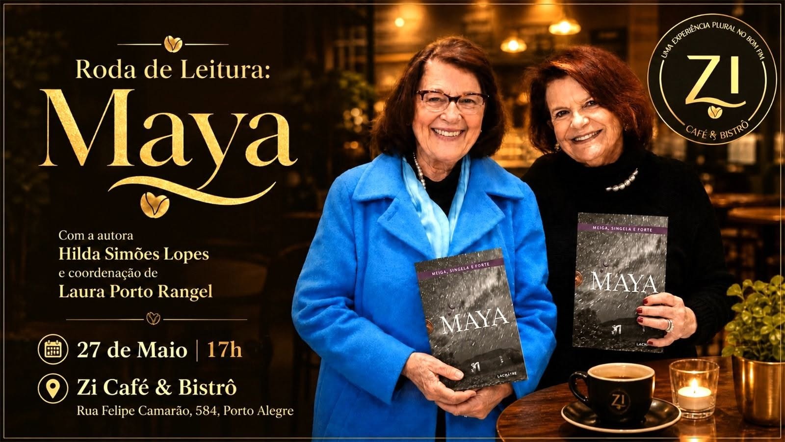 Cartaz da Roda de Leitura do livro Maya, com a autora Hilda Simões Lopes